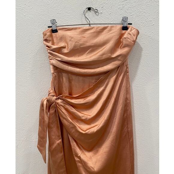 Selfie Leslie Strapless Wrap Midi Satin Dress Orange Peach NEW - Picture 2 of 5